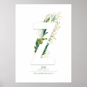 Z Letter Monogram Gold Greenery Foliage Dreamy Poster