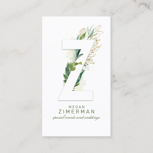 Z Letter Monogram Gold Greenery Leaves Elegant Business Card