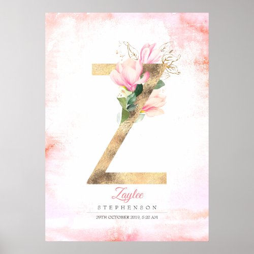 Z Letter Monogram Gold Leaves Pink Magnolia Floral Poster