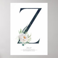 Z Letter Monogram White Flowers and Greenery Poster