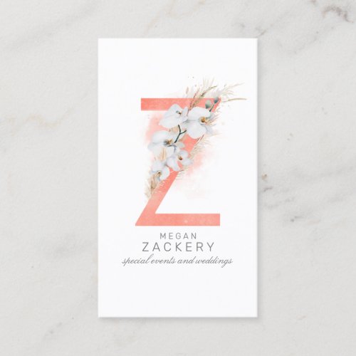 Z Letter Monogram White Orchids and Pampas Grass Business Card