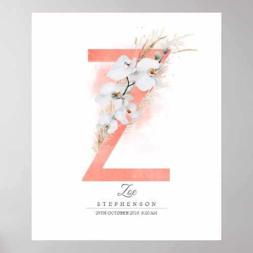 Z Letter Monogram White Orchids and Pampas Grass Poster