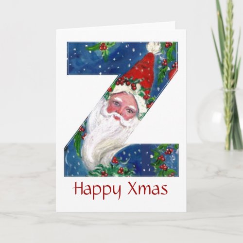 Z LETTER  SANTA CLAUS WITH RED RIBBON MONOGRAM HOLIDAY CARD