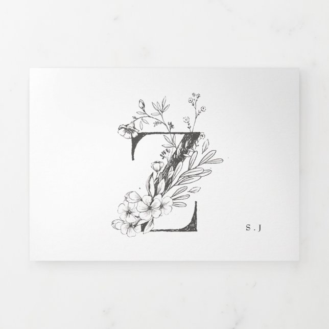 'Z' Monogram Beautiful Sketched Floral Wedding Tri-Fold Invitation (Cover)