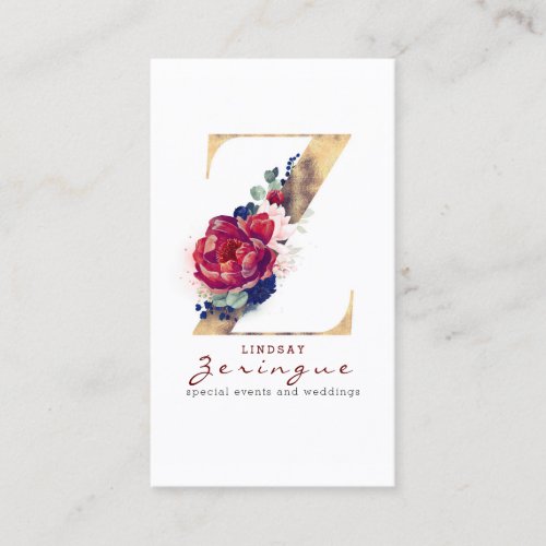 Z Monogram Burgundy Gold and Navy Blue Floral Business Card