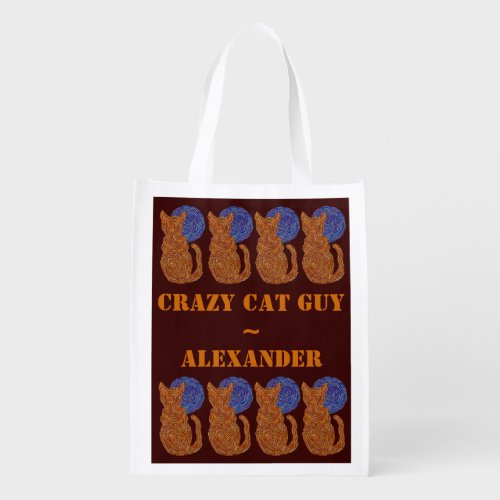 Z Orange Cat And Moon Personalized Crazy Cat Guy Reusable Grocery Bag