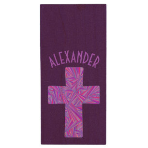 Z Purple Cross Christian Symbol Faith Religion Wood Flash Drive