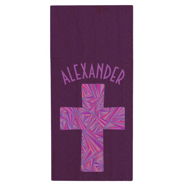 Z Purple Cross Christian Symbol Faith Religion Wood Flash Drive (Front Vertical)