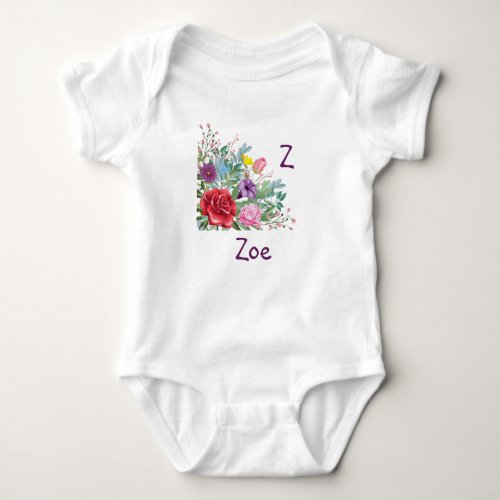 Z Zoe Personalize Initial Name Rose Flowers Baby Bodysuit