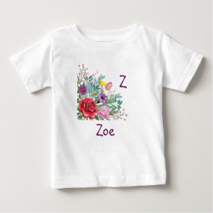 Z Zoe Personalize Initial Name, Rose Flowers Baby T-Shirt