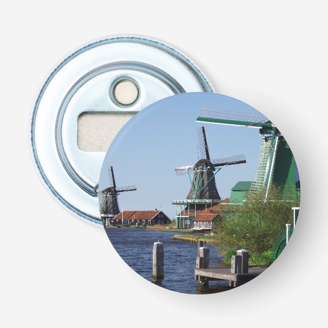 Zaanse Schans Dutch windmills in green and white Bottle Opener (Front)