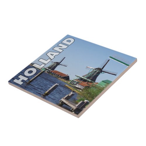 Zaanse Schans Dutch windmills in green and white Ceramic Tile