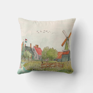 Zaanse Schans Zaandam Netherlands Watercolor Throw Pillow