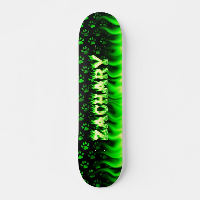 Zachary skateboard green fire and flames design. deck (Front)