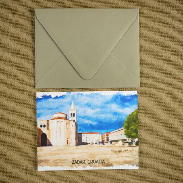 Zadar Croatia Watercolor Panorama View Postcard (zadar croatia architecture vintage travel postcard)