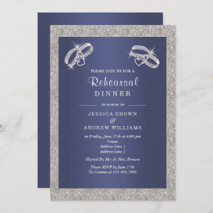 Zaffre, Sparkly Silver Rings Rehearsal Dinner Invitation