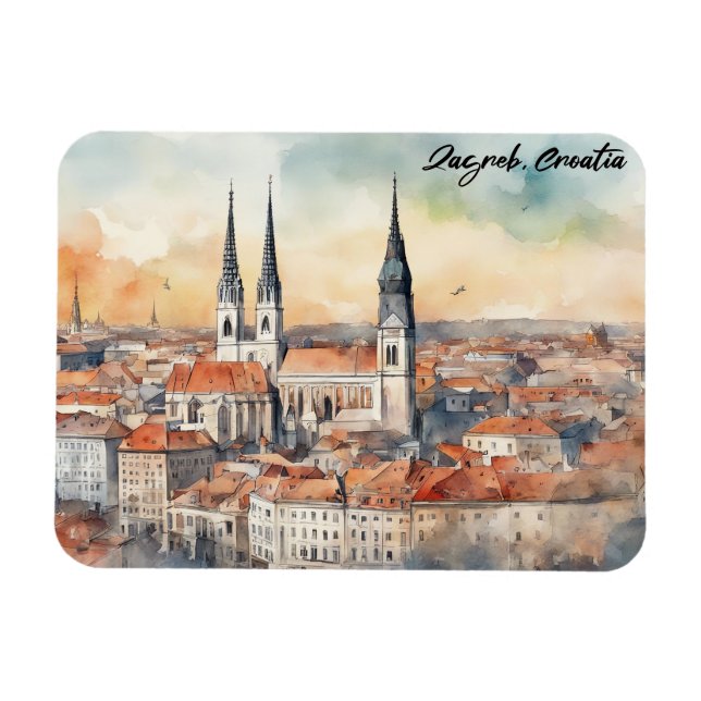 Zagreb Croatia City Silhouette Watercolor Magnet (Horizontal)