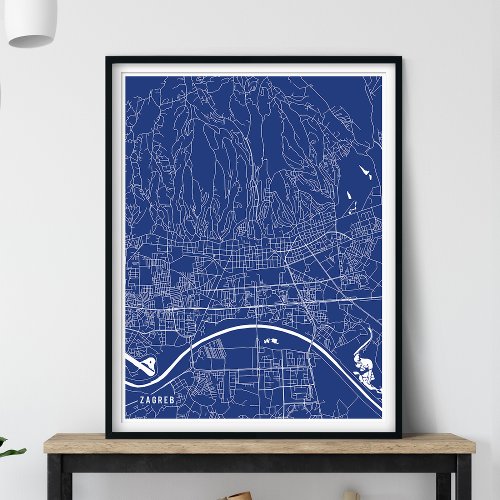 Zagreb Map Navy Blue Minimalist City Map Poster