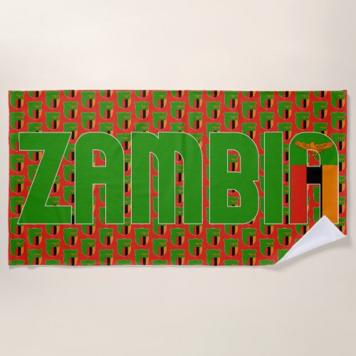 Zambia Flag Escutcheon Tiled Green Black Tangerine Beach Towel