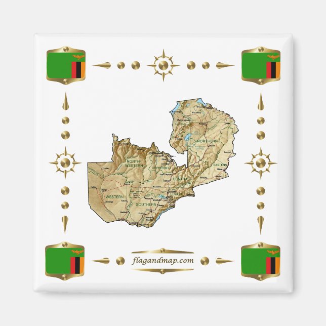 Zambia Map + Flags Magnet (Front)