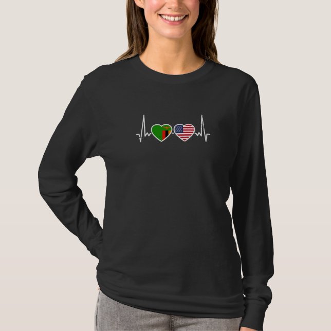 Zambia USA Heartbeat Zambian American Flag   T-Shirt (Front)