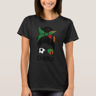 Zambian Soccer Girl Mom Messy Bun Zambia Flag Foot T-Shirt