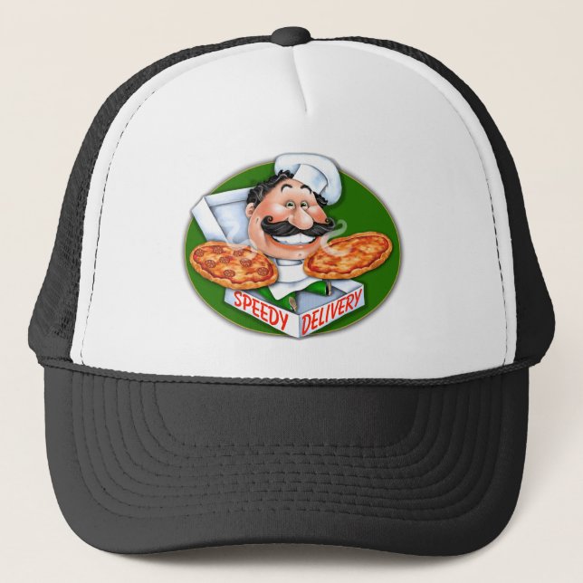 Zany Italian chef speedy pizza delivery Trucker Hat (Front)