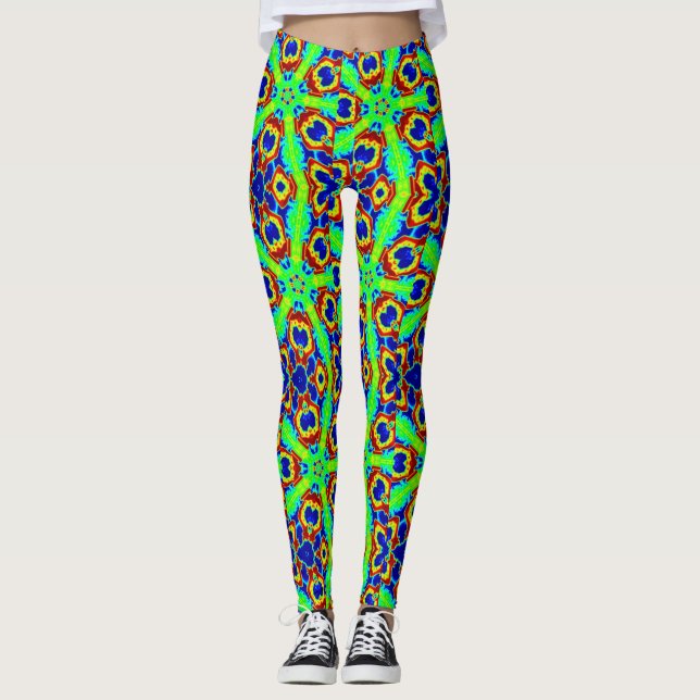 zany neon green stars pattern leggings (Front)