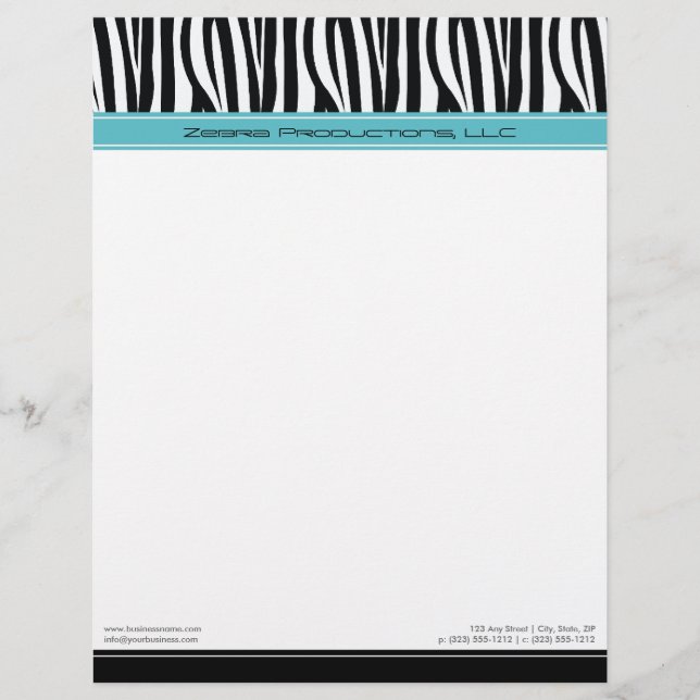 Zany Zebra Aqua Customized Designer Letterhead (Front)
