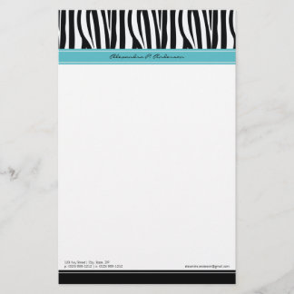 Zany Zebra Aqua Customized Designer Stationery