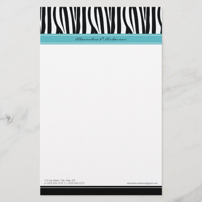 Zany Zebra Aqua Customized Designer Stationery (Front)