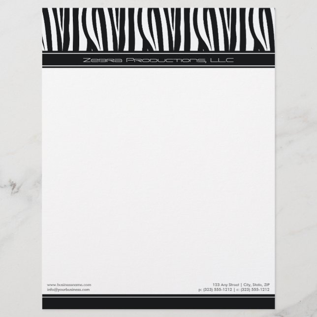 Zany Zebra Black Customized Designer Letterhead (Front)