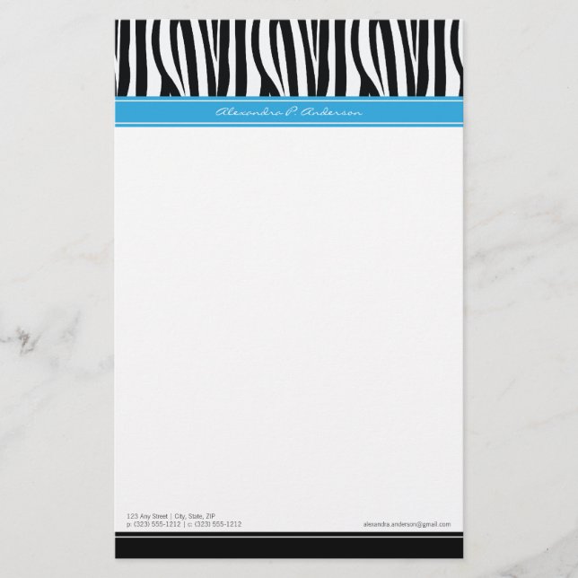 Zany Zebra Blue Customized Designer Stationery (Front)
