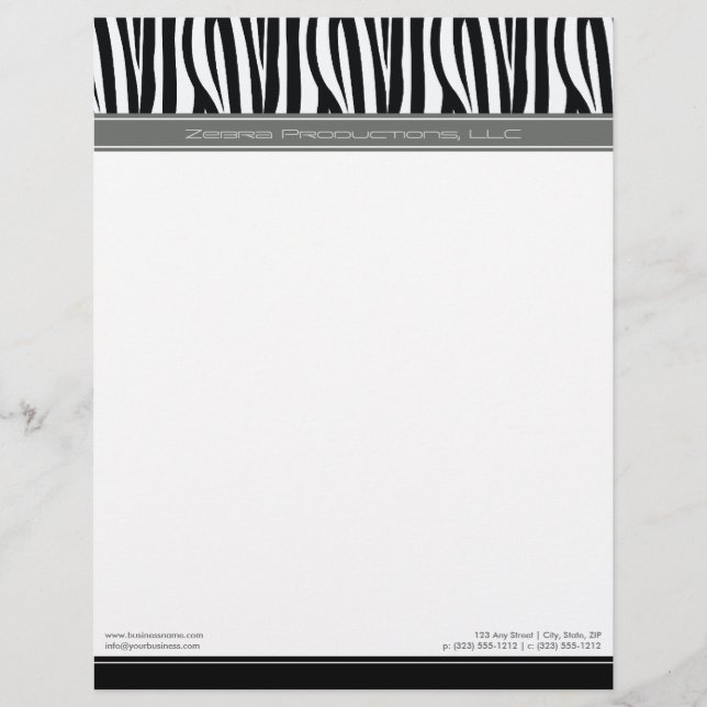 Zany Zebra Grey Customized Designer Letterhead (Front)