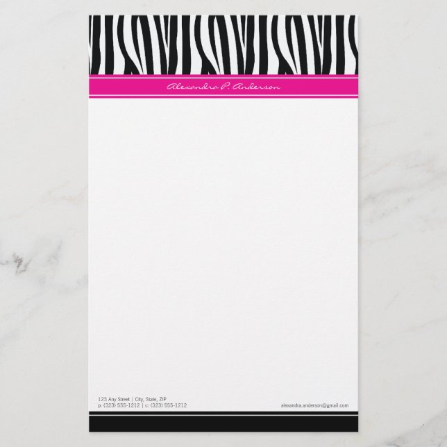Zany Zebra Hot Pink Customized Designer Stationery (Front)