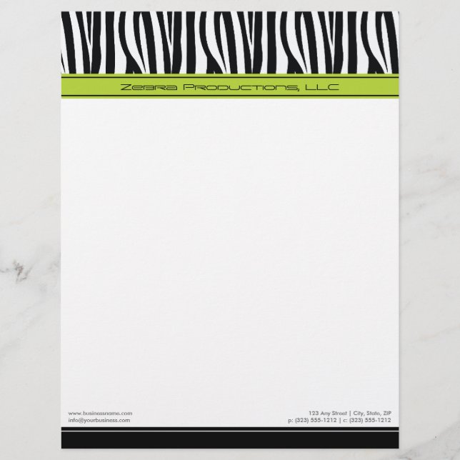 Zany Zebra Lime Customized Designer Letterhead (Front)