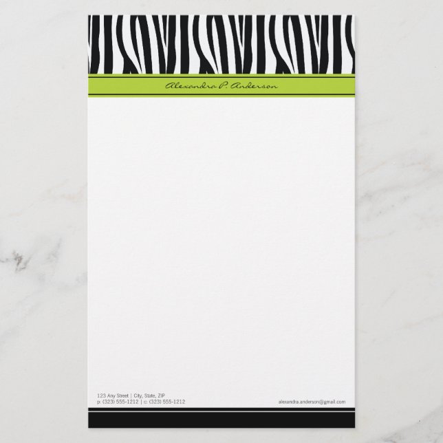 Zany Zebra Lime Customized Designer Stationery (Front)