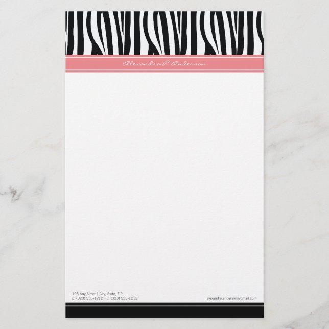 Zany Zebra Pink Customized Designer Stationery (Front)