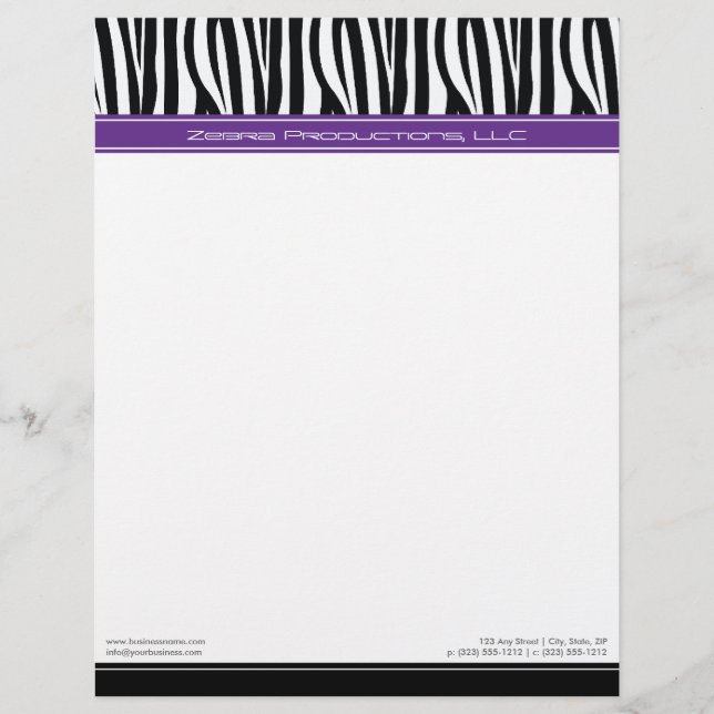 Zany Zebra Purple Customized Designer Letterhead (Front)