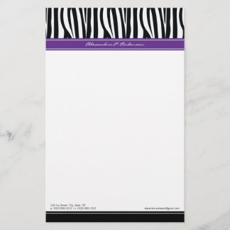 Zany Zebra Purple Customized Designer Stationery