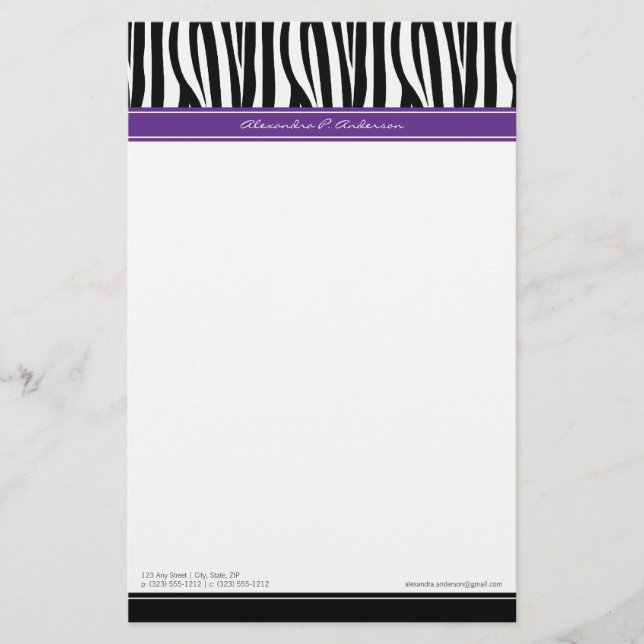Zany Zebra Purple Customized Designer Stationery (Front)