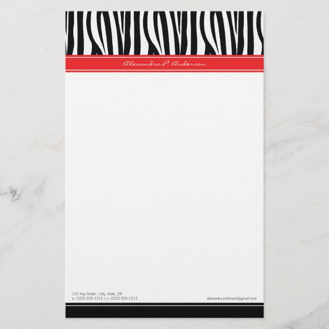 Zany Zebra Red Customized Designer Stationery (Front)