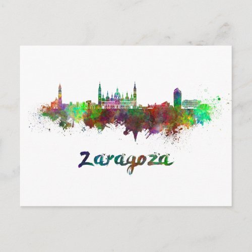Zaragoza skyline in watercolor postcard