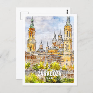 Zaragoza Spain Famous Travel Place Watercolor Postcard