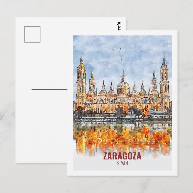 Zaragoza Spain Famous Travel Watercolor Sketch Postcard (Front/Back)