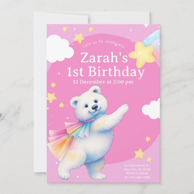 Zarah the Dancing Polar Bear Birthday Invitations (Front)