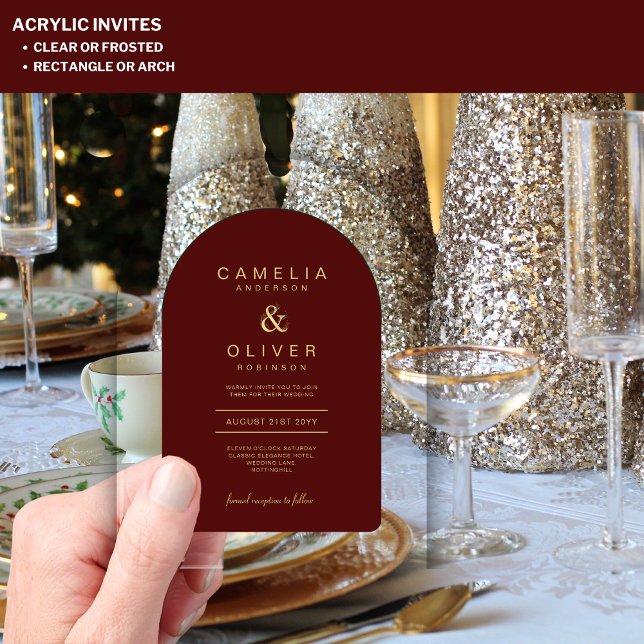 Zazzle Acrylic Wedding Burgundy Gold Text Arch Invitations (Creator Uploaded)
