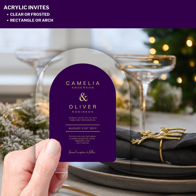 Zazzle Acrylic Wedding Deep Purple Gold Text Arch Invitations (Creator Uploaded)