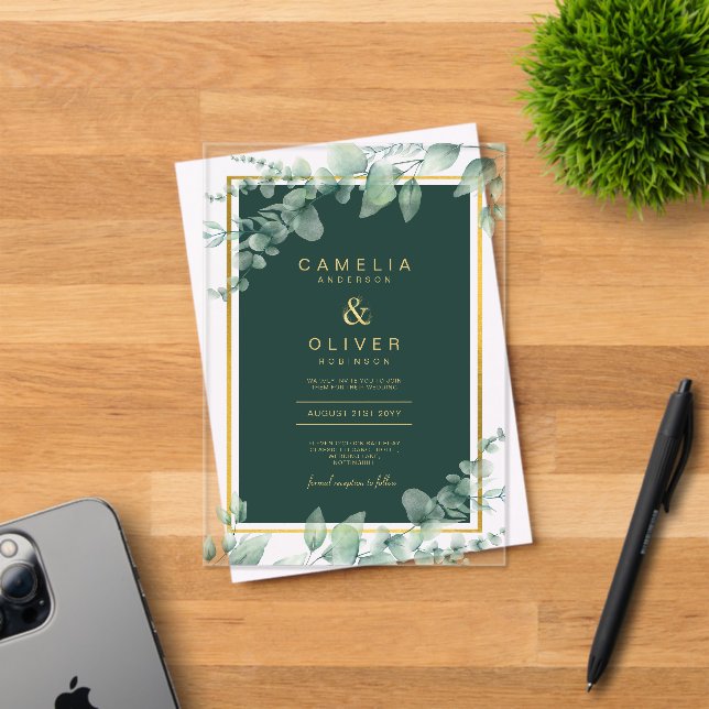 Zazzle Acrylic Wedding Green Eucalyptus Gold Text Invitations (Insitu (Invitation Card))