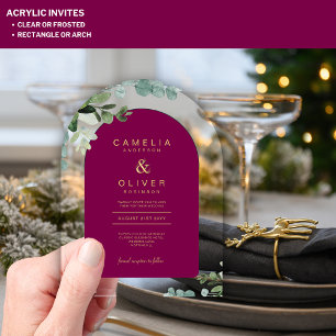 Zazzle Acrylic Wedding Magenta Leaves Gold Text Acrylic Invitations